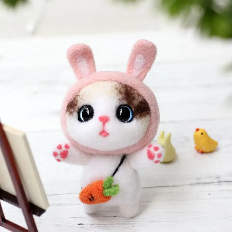 

Cat Doll With Rabbit Wool Felt Craft DIY Non Finished Poked Set Handcraft Kit For Needle Material Bag Pack