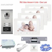 Intercom Rfid For 4 Apartment Video Door Phone Doorbell Intercom Night-Vision Camera Intercom 7″ Color Monitors + Electric Lock