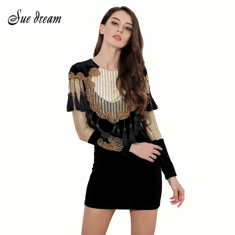 

Newest 2019 BAROCCO Designer Runway Dress mesh Celebrity Party Long Sleeve Luxurious Handwork Beading Tassel Embellished Dress