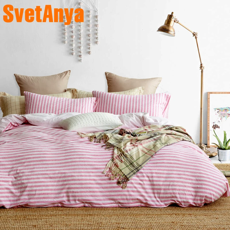 

Svetanya knitted Cotton Bed Linen Pink White Stripes Bedding Sets (Pillowcase flat or fitted Sheet Duvet Cover )