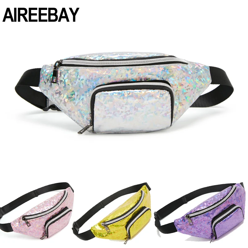 AIREEBAY النساء حزمة مراوح الهولوغرام الوردي الأزرق الليزر الصدر أكياس الفضة عاكسة حقيبة كتف حزام للنساء حقيبة الخصر حزمة