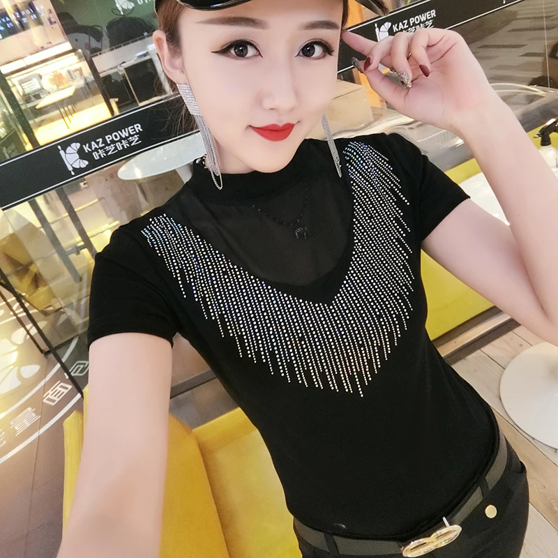 

Fashion Diamonds Tshirt Women 2019 New Summer O-Neck Short Sleeved Transparet T-shirt Camiseta Mujer Black White Pink T95601