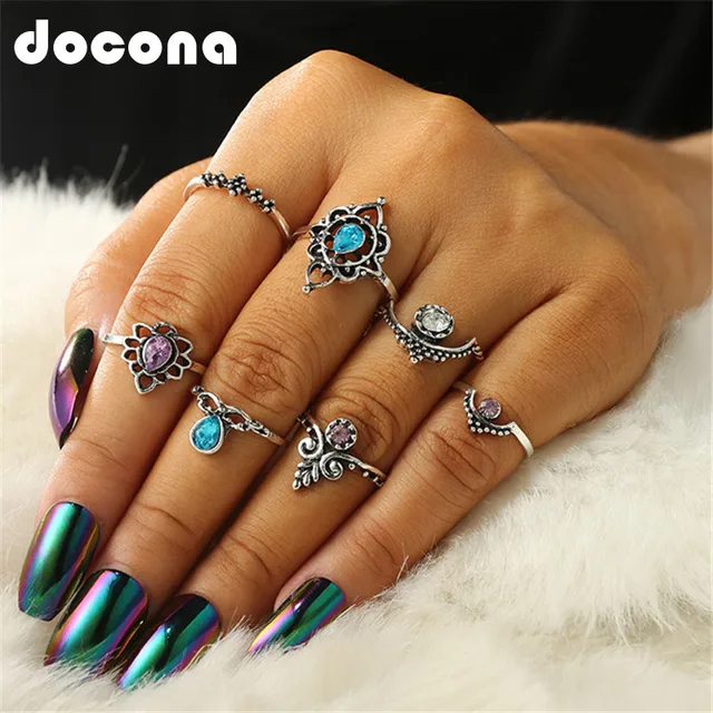 docona 7pcs/Set Vintage Antique Silver Color Opal Stone Carving Rings for Women docona 7pcs/Set Vintage Antique Silver Color Opal Stone Carving Rings for Women