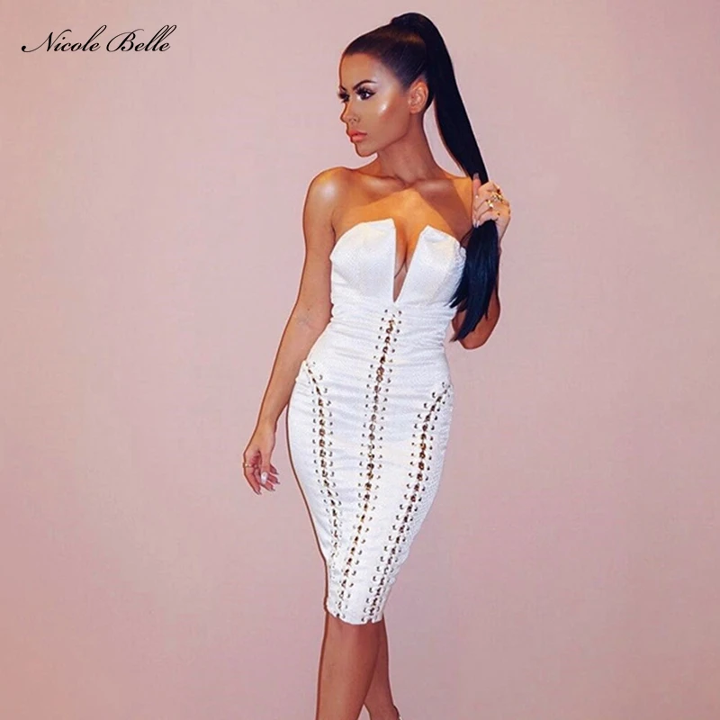 Nicole Belle 2017 New Fashion Summer Womens Bandage Dress Sexy White V 