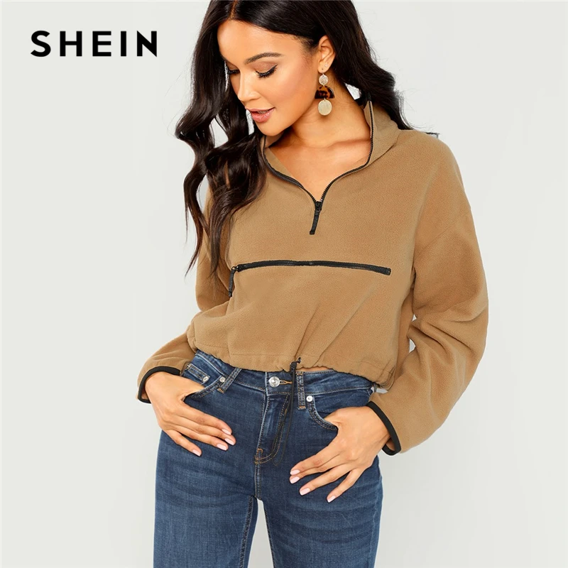  SHEIN Coffee Casual Minimalist Solid Half Placket Zipper Up Stand Collar Pullover Sweatshirt Autumn