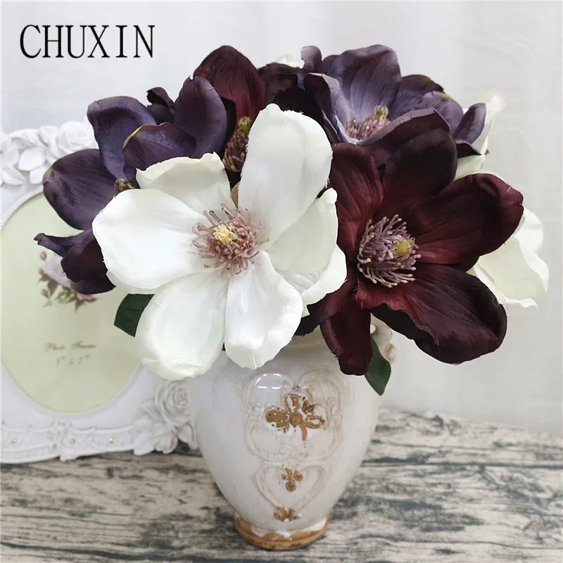 Stem of Faux Silk Flowers 1 Short Branch of Realistic White Artificial Magnolia