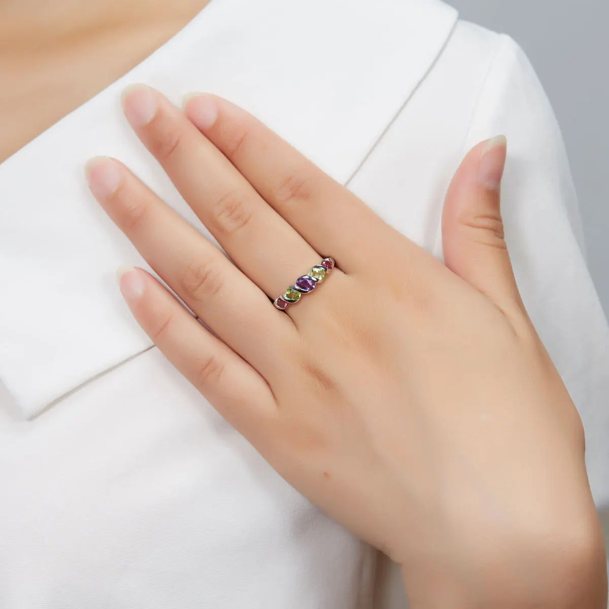 Hutang Natural Multi-color Gemstone Ring Solid 925 Sterling Silver Rings Amethyst Peridot Rhodolite Fine Jewelry For Women Gift