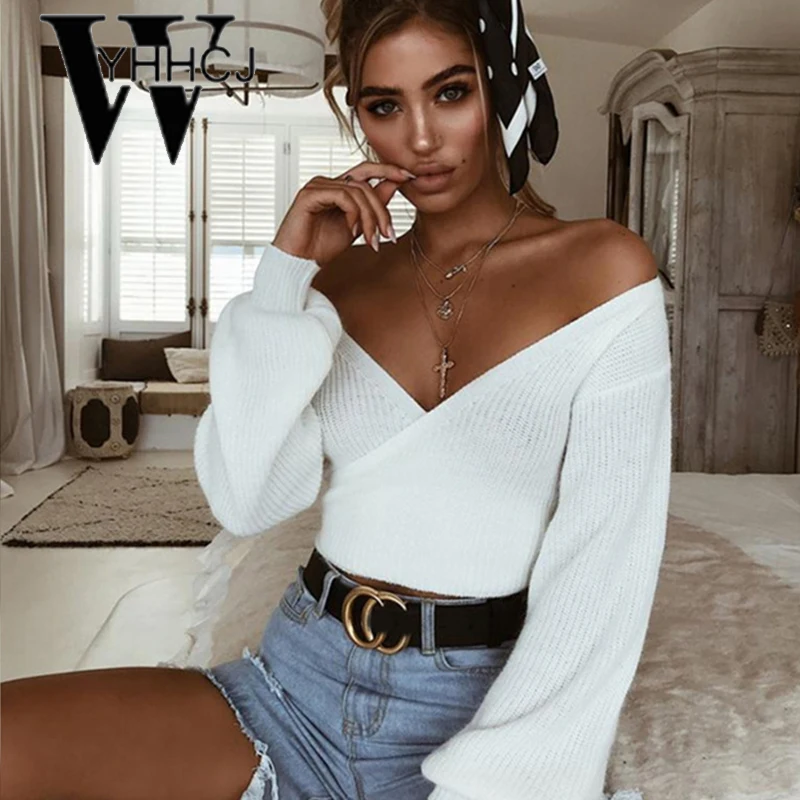 WYHHCJ 2018 casual knit short sweater women deep v-neck solid pullover pull femme unif long sleeve warm thicken women sweater