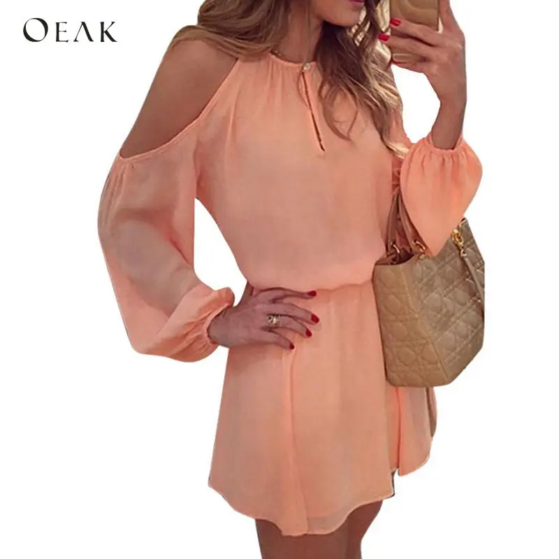 

OEAK 2018 Women Cold Shoulder Chiffon Dress Elegant Office Hollow Out Long Sleeve Dress Sexy Off Shoulder Mini Dress White Pink