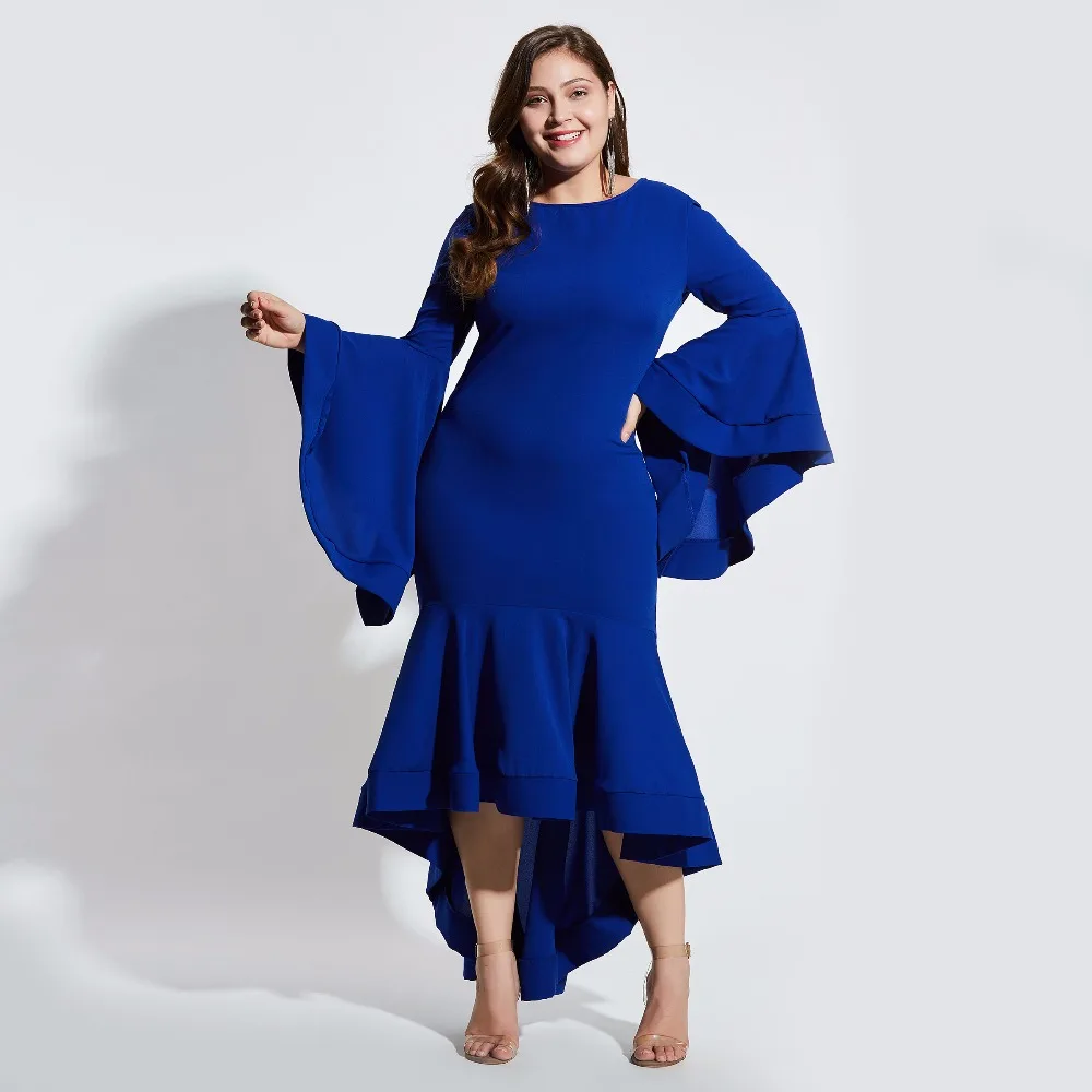 

Plusee plus size 4xl women summer dress trumpet bodycon dress blue falbala flare sleeve elegant fashion autumn sexy ladies dress