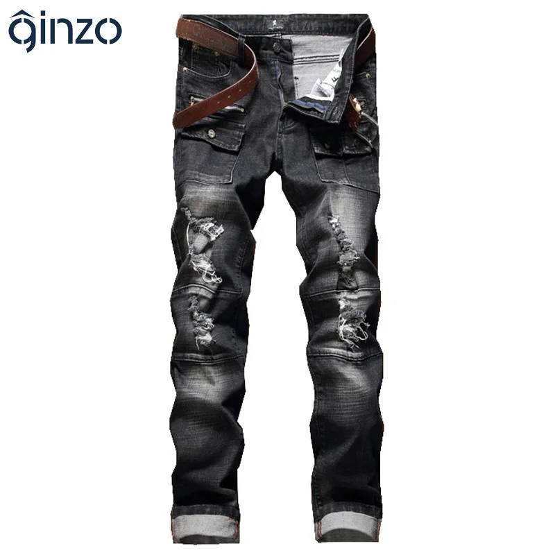 

Men's fashion holes ripped jeans Casual patchwork black blue stretch denim pencil pants Long trousers