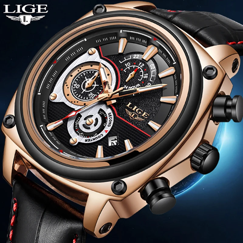 

New LIGE Mens Watches Top Brand Luxury Men's Casual Sports Watch Men's Leather Waterproof Quartz Watch Relogio Masculino+Box