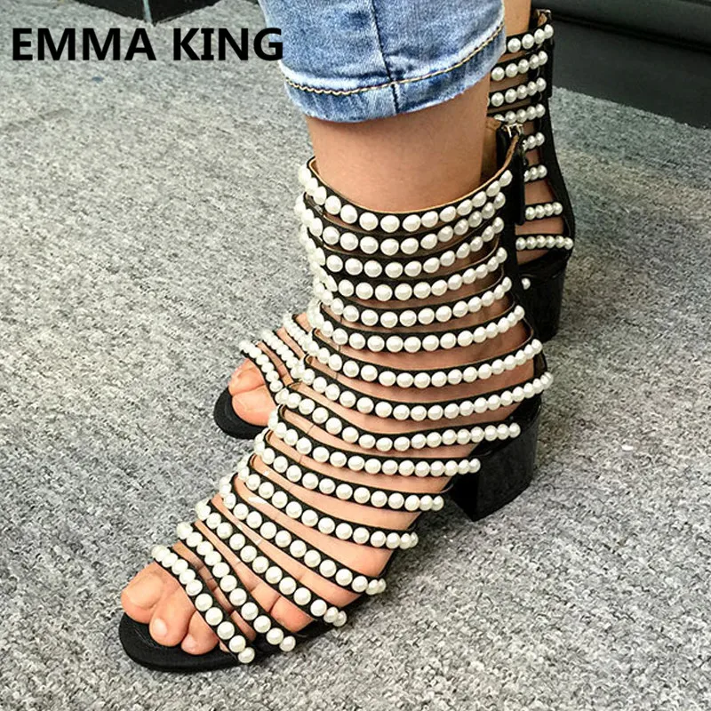 

2019 Vintage Women Gladiator Sandals Open Toe Chunky Heel Full Pearls Designer Shoes Woman Summer Ankle Boot Ladies Roman Sandal