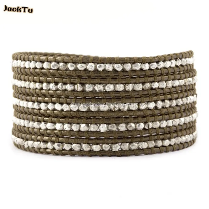 

latest style silver nuggets wrap bracelet on kansa leather