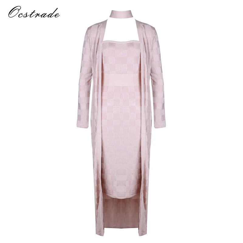 

Ocstrade 2017 Autumn Winter New Arrival Checkered Jacquard Nude Long Sleeve Womens Two Piece Bandage Set Dress with Cardigan