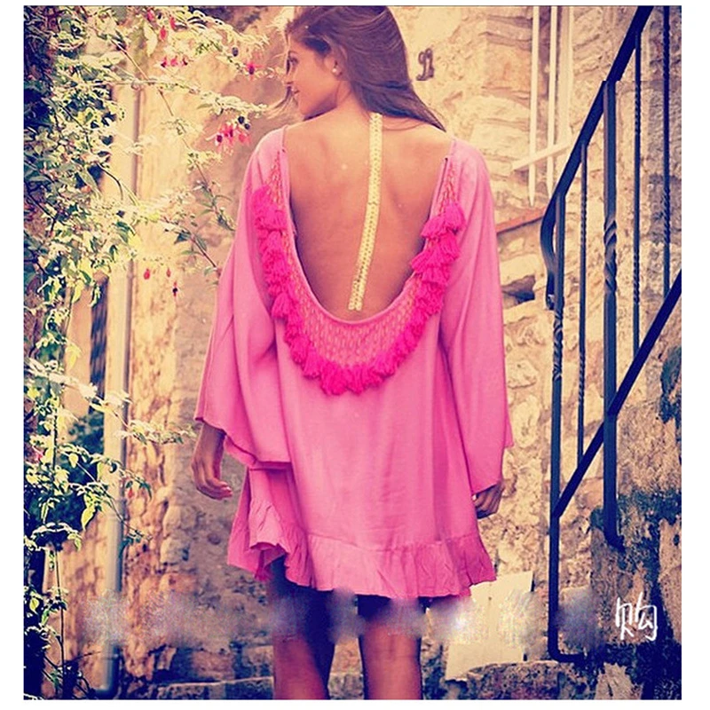 Новые модные женские с длинным рукавом летнее платье кисточкой Винтаж Boho Sexy