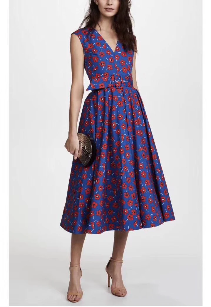 V Neck Sleeveless Vintage Belted Cotton A Line Dressin Dresses from