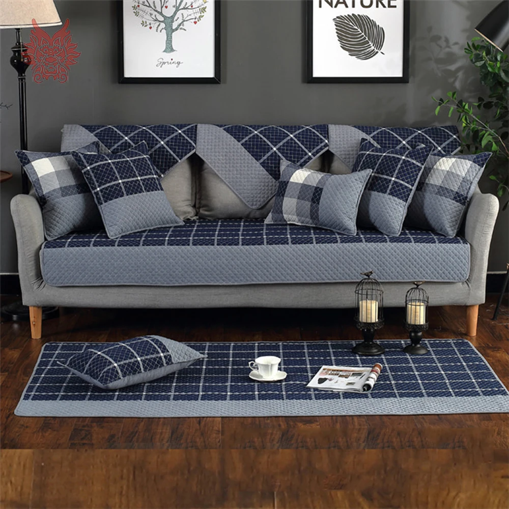 Deep blue coffee green plaid quilted cotton sofa cover for living room