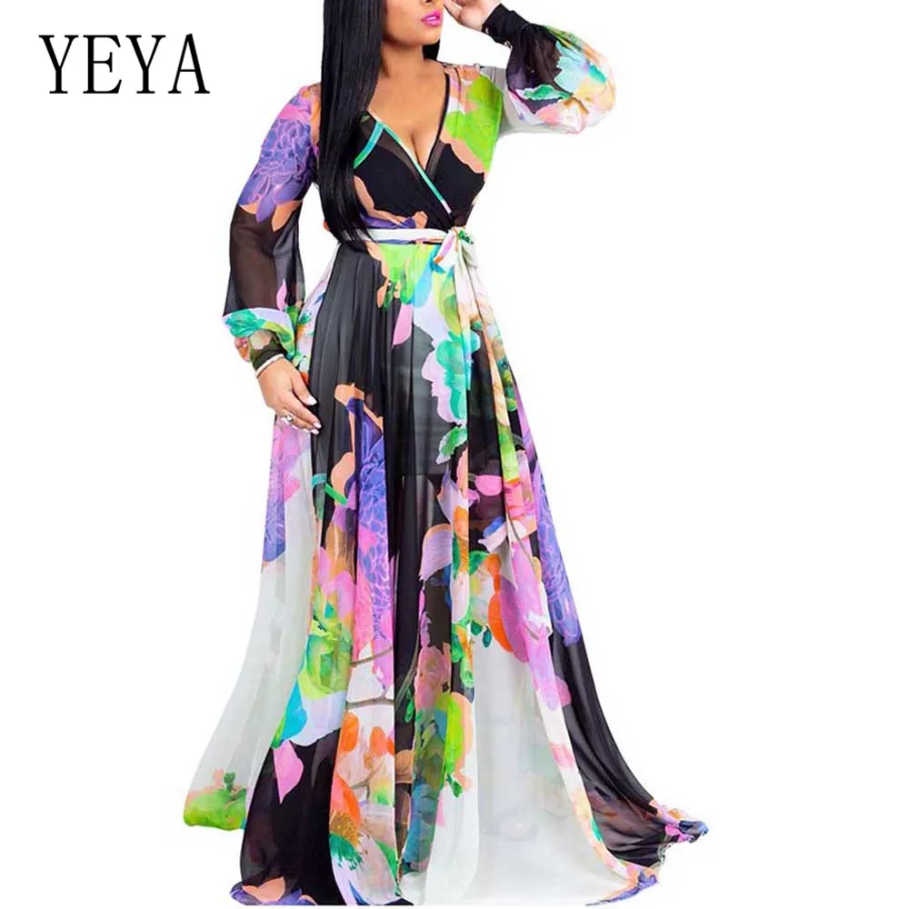 

YEYA Autumn Maxi Dress New Fashion Women Long Sleeve Slim Waist Floral Print Long Chiffon Dresses Female Casual Vestidos XXL