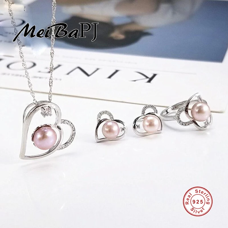 

[MeiBaPJ]Fashion Personality Heart AAA Zircon Set S925 Silver Earrings & Necklace & Ring Fine Jewelry Sets For Women