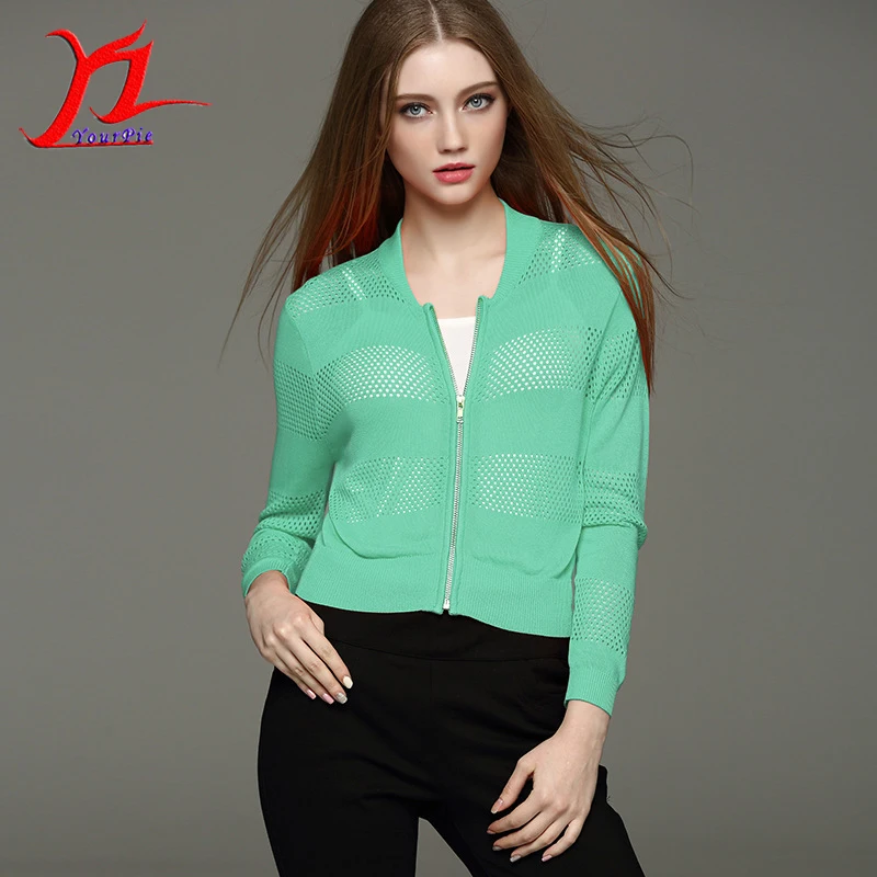 Hot Mandarin Collar Autumn Springtime Nine Point Sleeves Women Hollow Out Zipper Cardigan Knitwear Outer European Slim Simple