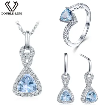 

Double-R 3.33ct Real Blue Topaz 925 Sterling Silver drop earrings Ring women pendant Jewelry Sets Silver Chain Women gift