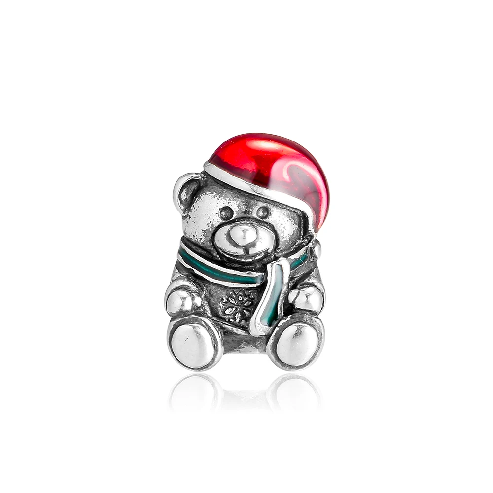

Fits for Pandora Beads Bracelets Christmas Teddy Charms with Red Green Enamel 100% 925 Sterling Silver Jewelry Free Shipping