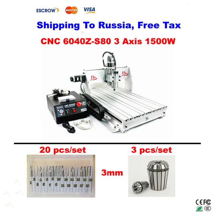 

CNC 6040Z-S80 cnc router machine 1500W 20 pcs Tungsten Rotary File/Burr + 3 pcs collet wood lathe