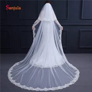 

Two-Layer 3 Meters Wedding Veil with Comb Beautiful Lace Appliques Edge Soft Tulle Ivory Bridal Veil voile mariee V77