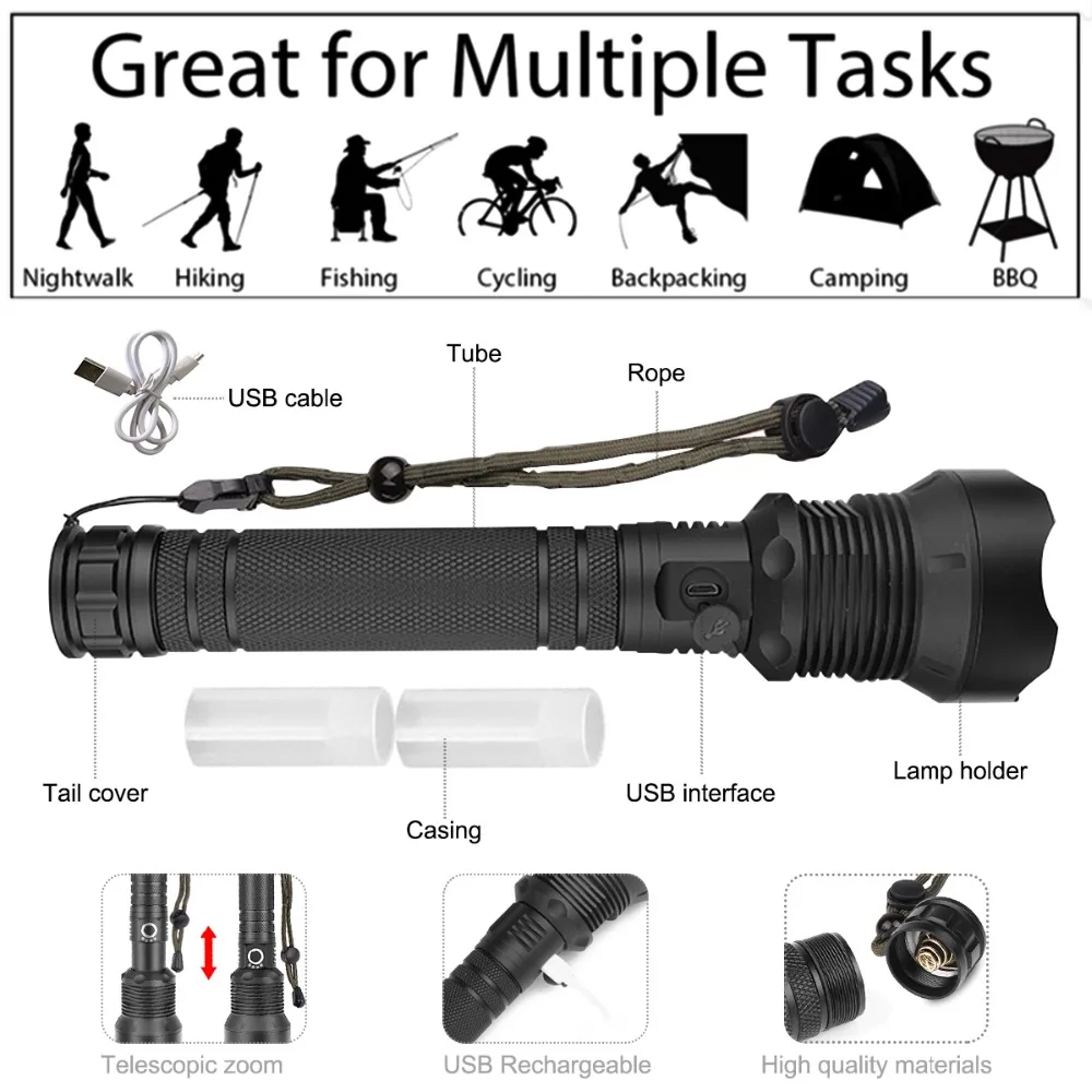 XHP70 50 W 55000LM مصباح ليد جيب الشعلة USB قابلة للشحن مشاعل زوومابلي التكتيكية الدفاع flashligh للتخييم الصيد XHP70 50 W 55000LM مصباح ليد جيب الشعلة USB قابلة للشحن مشاعل زوومابلي التكتيكية الدفاع flashligh للتخييم الصيد