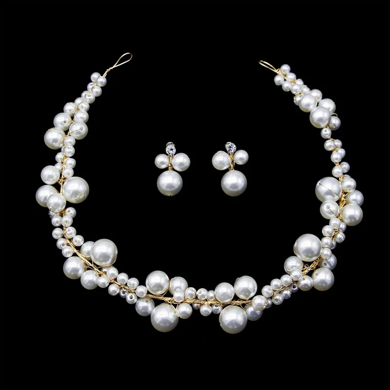 

Elegant Tiara Hairwear Gold Pearl Crystal Headband Jewelry Wedding Hair Accessories Romantic Bridal Head Chain Headdress