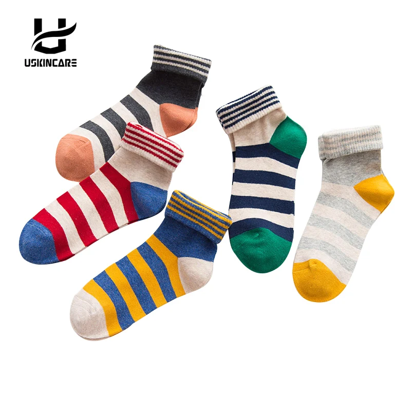 

Uskincare 5 Pairs /lot Women Socks Winter Thermal Socks Stripe Cotton Breathable Female Solid Casual 3d Ladies Casual Home Socks