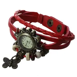 Ткань Обёрточная бумага вокруг Кожаный браслет леди женские наручные часы (красная бабочка)