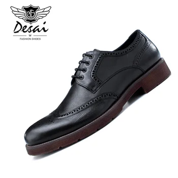 

DESAI New Men's Soft Leather Casual Shoes Hand-Carved Brogue Fashion Lace-Up Genuine Leather Oxfords Shoes Plus Size 38-44