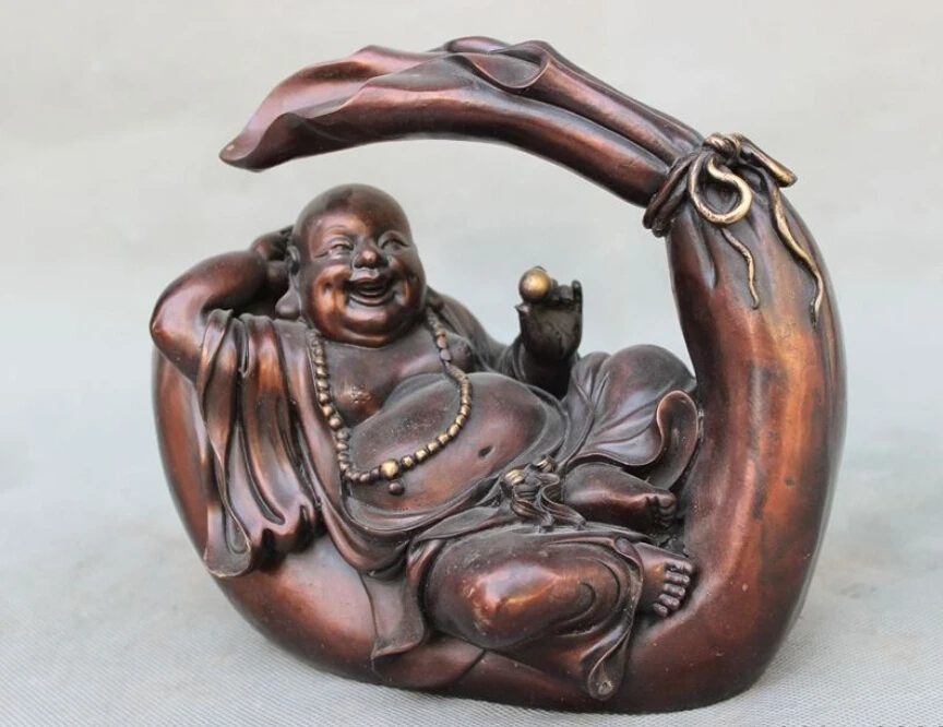 

8" Chinese Pure Bronze Happy Laughing Maitreya Buddha Hold Ball On Bag Statue