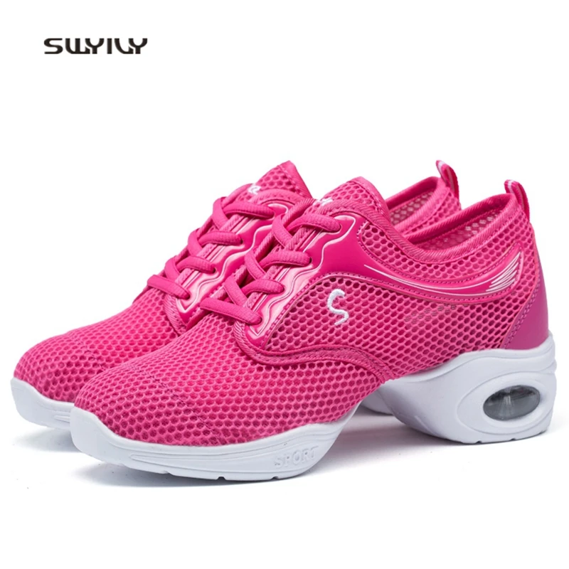 SWYIVY Women Modern Dance Shoes Mesh Breathable Wedge Sneakers 2018 Large Size41 Lace-up Female Ballroom Dance Shoes