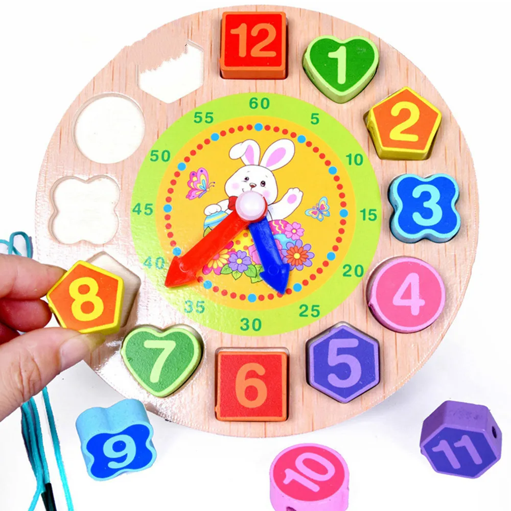 

Cartoon Clock Beaded Puzzle Montessori Wooden Toy Learning Education Toys for Children 3D Puzzle Game for Kids