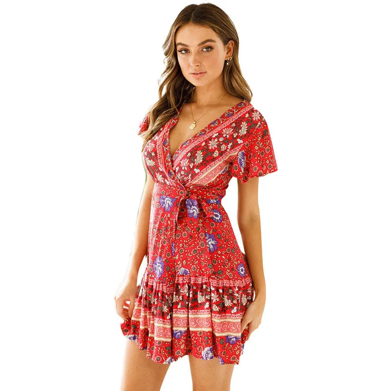 3XL женское платье большого размера летние пикантные пляжные платья с v-образным вырезом Мини Короткое платье повседневное женское платье трапециевидной формы с принтом Vestido - Цвет: 101188 Red