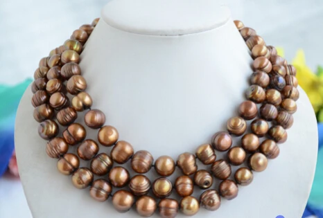 

huij 001475 3row almost round coffee screw thread freshwater pearl necklace