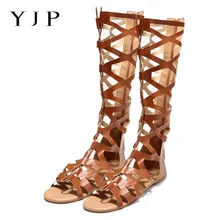 ФОТО YJP Gladiator Sandals Women Shoes Bandage Long Tube Zipper Summer Gladiator Sandals Woman Flat Shoes Sexy Sandalia Gladiadora