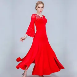 Красное стандартное танцевальное платье для женщин костюмы Длинное платье костюм горный хрусталь Вальс платье бальное танцевальное