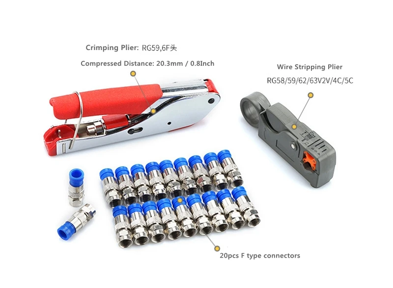 1 комплект коаксиальный провод, кабель для зачистки RG6/RG59 F компрессионный 20 шт Соединитель Инструмент обжимные плоскогубцы провода