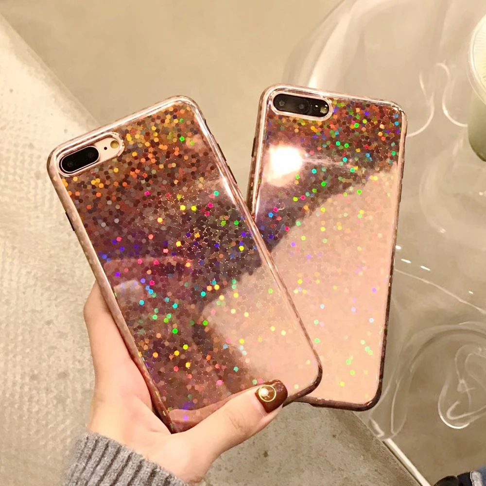 Розовый Золотой лазерный чехол для телефона с блестками iphone X 10 8 Plus Блестящий