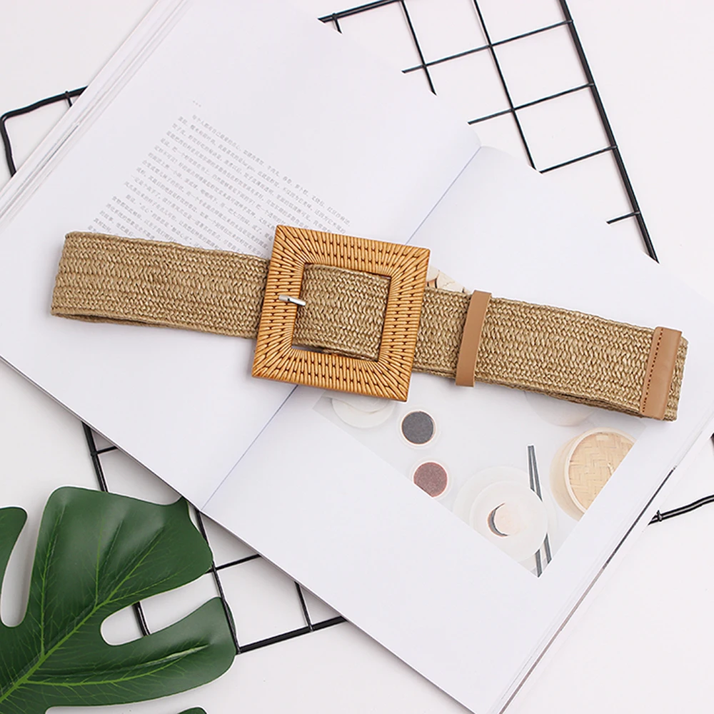 

Straw leisure super wide belt female weave vintage carved wooden buckle stretch decorative dress shirt girdle beach belts