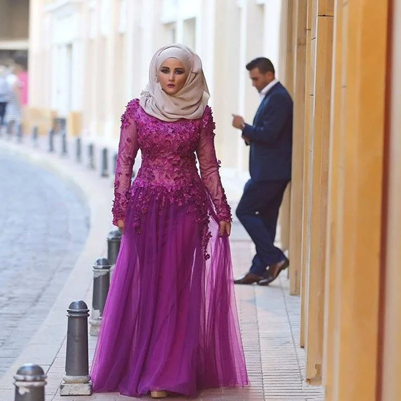 Fashion Long Sleeves font b Hijab b font Muslim Evening Dresses with 3D flowers Arabic Dubai