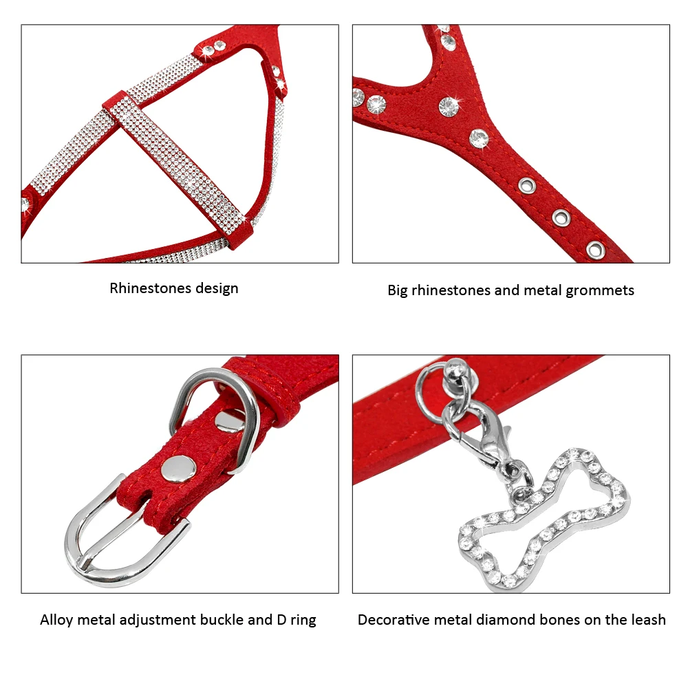 Pet Harness Leash Set Soft Suede Leather Dog Rhinestone Pendant For Small Medium Pets