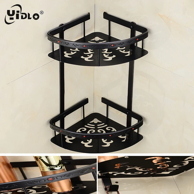 

Bathroom Brass Corner Shelf Dual Tier Thickened Black Stereoscopic Classical Carved With Drill Rack Shampoo Storage Basket A4