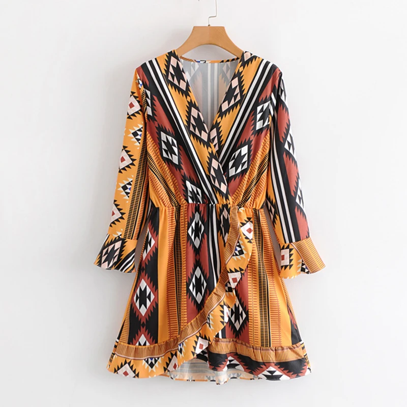 

Dress Womens Summer 2019 Street Sexy Trend Geometric Print V-Neck Flared sleeve Dresses Beach Holiday Party Formal Dress