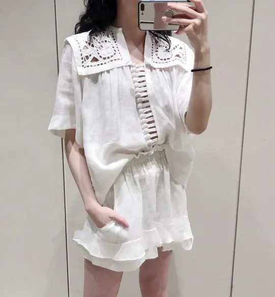 

Women Shirt 0019 Summer New Fresh Embroidered White Short Sleeve Cotton Shirt