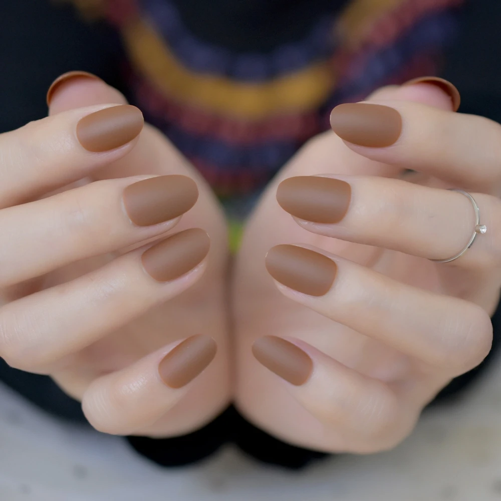 

Matte Short Acrylic Fake Nails Brown Round False Nail Full Cover DIY Nail Art Manicure Product for Lady with Glue Sticker Z831